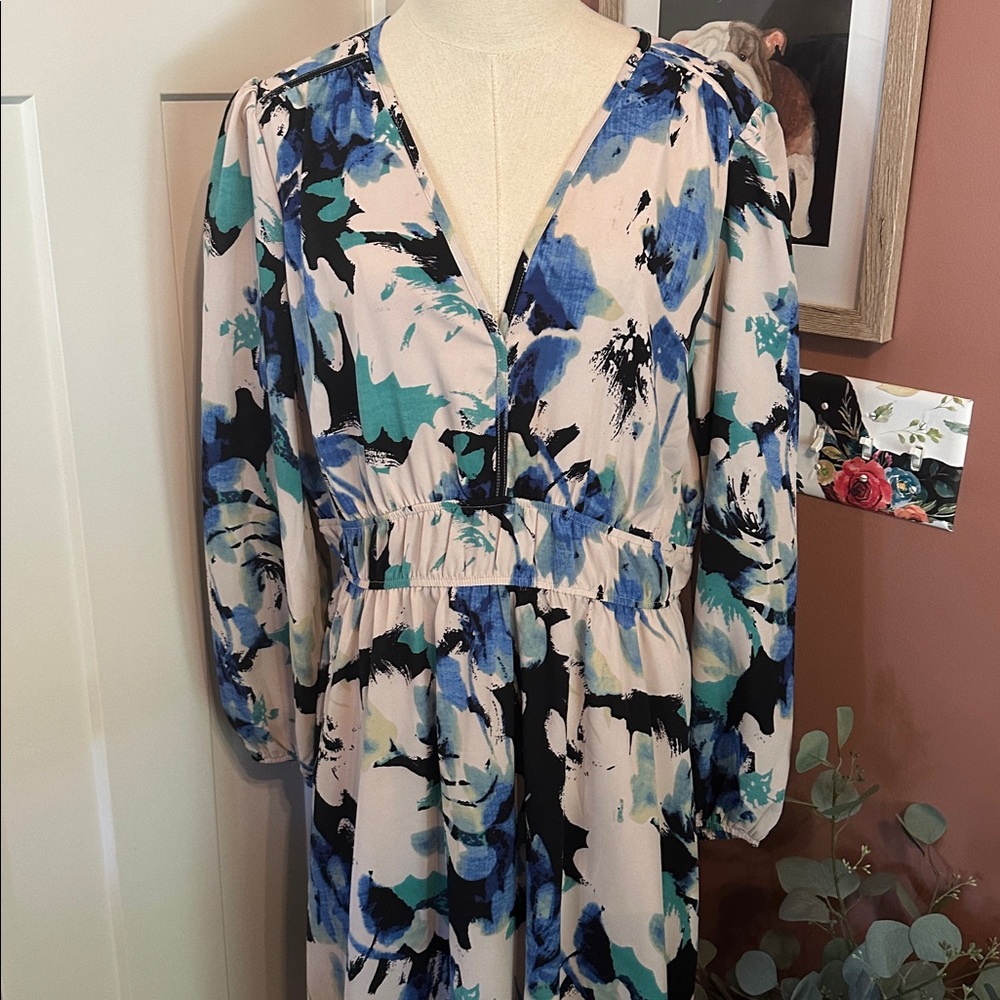 PrettyGarden Floral Blue cream Black watercolor vneck long sleeve XL Maxi Dress - Picture 4 of 16
